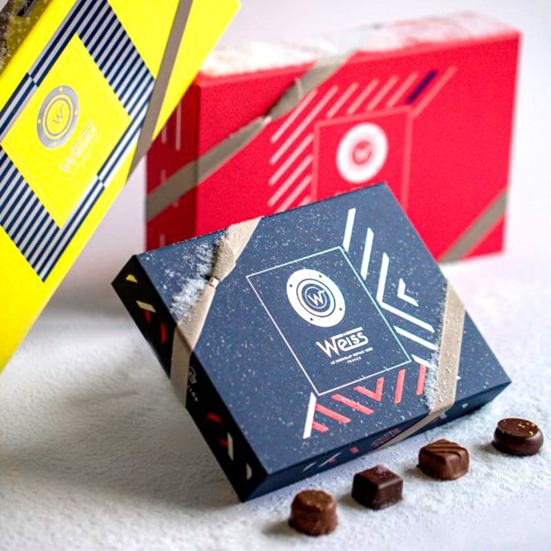 Création packaging, coffrets de Noël Chocolats Weiss.