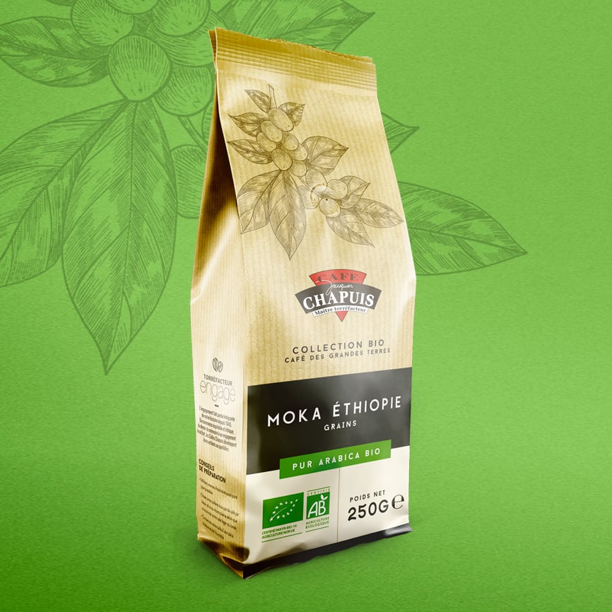 Création de la gamme packaging des Cafés Chapuis autour de la nouvelle signature de marque « Torréfacteur engagé ».